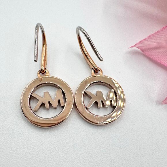 Michael Kors Rose Gold Tone Pavé Crystal MK Logo Dangle Earrings Designer Modern - Picture 5 of 14